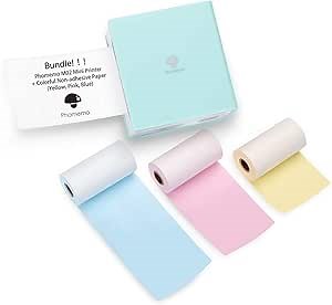 Phomemo M02 Mini Printer- Bluetooth Thermal Photo Printer with 3 Rolls Colorful Non-Adhesive Paper, Compatible with iOS + Android for Plan Journal, Study Notes, Art Creation, Work, Gift