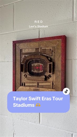 Taylor Swift fans can marvel at these mini versions of the venues where her iconic #ErasTour performances have taken place – thanks to Dana’s vision. 🫶 With a background in architectural design, she runs a successful business transforming plain wood into these incredibly detailed masterpieces on her Glowforge. Her other work includes intricate laser printed maps and stadiums for sports fans looking for unique memorabilia. #taylorsversion #nfl #swifties #erastour #craftingtok #diytok #swifttok #
