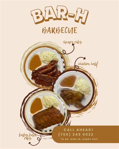 Bar H Barbecue 📍1380 E Main Street Franklin Springs, Ga 30662 ☎️706-245-0022 🗓️ Thursdays, Fridays, & Saturdays 🕙10:00am-9:00pm | Bar H Barbecue