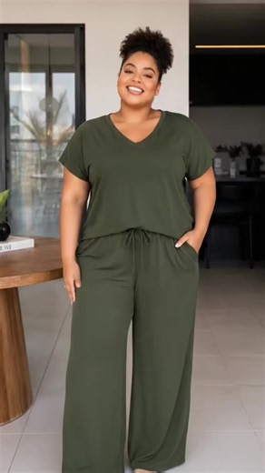 Conjunto plus size com tecido leve, bolso e caimento impecável. Disponível em várias cores. 💚 #conjuntoplussize #modafeminina #lookplussize #viral #plussize