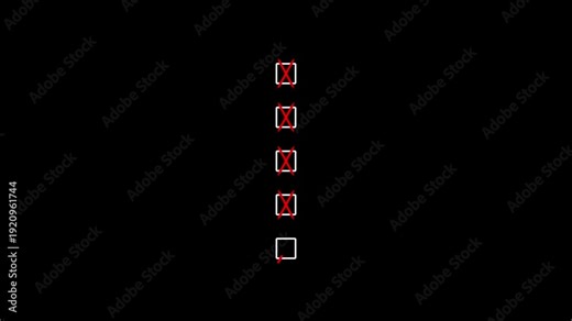 Three square checkboxes on a black background with red crosses in the two and a red line through the bottom one indicating a to-do list or status update