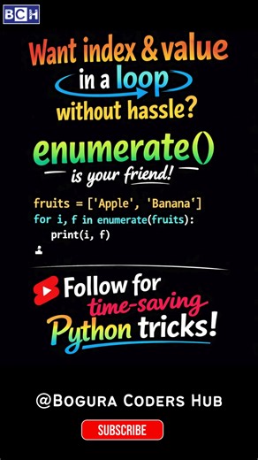 Python enumerate() 🔥 Get Index & Value in ONE Loop! | Want index & Value in a loop without hassle Still using range(len()) in Python? 😬 There’s a cleaner, smarter way! enumerate() lets you loop with both index and value at the same time — simple, readable, and Pythonic. Perfect for: ✅ Beginners ✅ Clean code lovers ✅ Faster coding habits 👉 Follow for more time-saving Python tricks! #boguracodershub #python #pythonshorts #enumerate #coding #programming #learnpython #pythontricks #pythontips #de