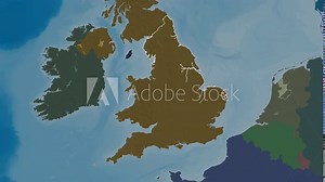 Cornwall, administrative county of England, with its capital, localized, outlined and zoomed with informative overlays on a administrative map in the Stereographic projection. Animation 3D