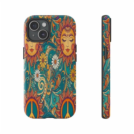 70s Hippie Sun Peace Sign Floral Phone Case - Etsy