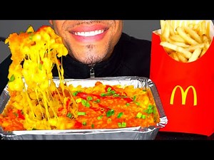 ASMR MAC N CHEESE CHEESY CHEESIEST STRINGY MCDONALD'S FRIES EATING SHOW MOUTH SOUNDS NO TALKING