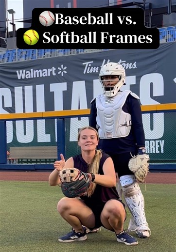 ⚠️Baseball vs. softball receiving:⚠️ Strategic difference: ⚾ Baseball → receive deeper 🥎 Softball → receive out front Why? ⚾️pitches start outside zone, then break in 🥎pitches start inside zone, then break out (besides backdoor curve exception) This FUNDAMENTAL DIFFERENCE changes how we need to receive in softball. We need to stop the ball before it breaks off the plate, which is why it makes more sense to extend, rather than bring the ball into our body and catch it deeper. Softball is heavil