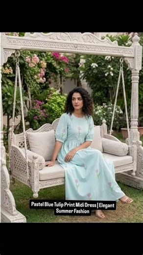 Pastel Blue Tulip Print Midi Dress | Elegant Summer Fashion