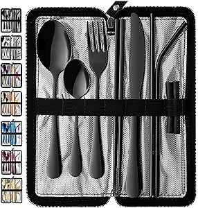 VANDBAO Portable Travel Utensils, Reusable Silverware with Case for Fixing Tableware, 9 Pieces Stainless Steel Stable Flatware Set, Camping Picnic Cutlery Set (Black Set)