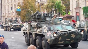 BTR-4, modern combat vehicles of the Ukrainian Army are moving along the city streets at the parade of the Independence Day of Ukraine. August 22, 2021, Kyiv, Ukraine
