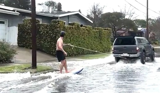 It Rained Enough to Go Sidewalk Surfing In Long Beach