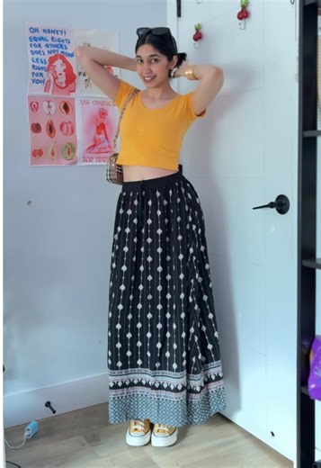 Trying to fit everything under a minute is challenging!! Comment down below if you're interested in these series! #wlw #recreatingpinterestoutfits #outfitidea #fashiontok #desiqueer Styling long skirt, yellow outfit, yellow shoes, Pinterest outfits, repurposing clothes, intentional consumption, Indian skirt.
