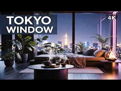 4K Tokyo Window Screensaver Lo Fi | Neon Room, Fire Sounds, City Night — 2 Hours