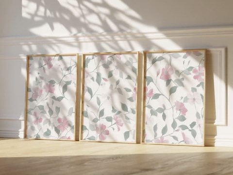 Set of Three Light Pink Wall Art Prints, Floral Decor for Home, Digital Download, Aesthetic Room Decor - Etsy