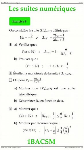 Exercice 8 Les suites numeriques 1BACSM Maths space2study M1BSMS4v11 #maths