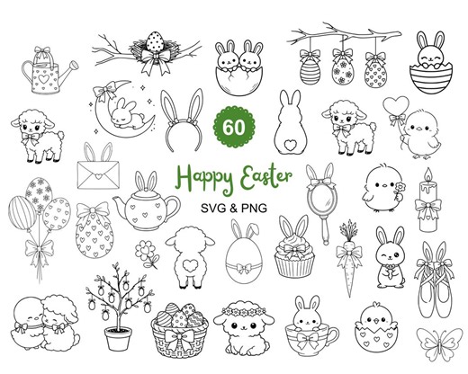 60 Cute Easter SVG PNG | Cute Easter Clipart | Cute Easter Doodles | Easter Illustration | Kawaii Easter | Easter Line Art Digital Download - Etsy