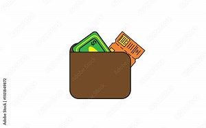 Cute and attractive wallet icon animation with flat design. An open wallet displays banknotes and tickets, symbolizing a payment transaction. Perfect for presentations, apps or other design projects r