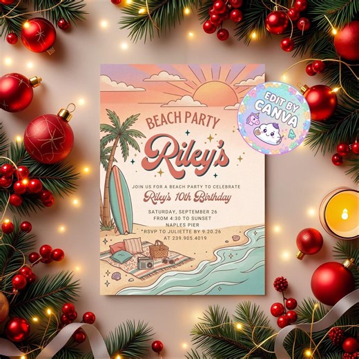 Beach Birthday Invitation Girl, Editable Summer Tropical Party Invite, Splish Splash Beach Party Template, Kids Pool Party Canva Download