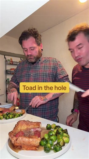 Toad in the hole (with an Italian twist). Ingredients Parmigiano Yorkshire pudding 3 large eggs 200 mil whole milk 140 grams plain flour 30 grams parmigiano reggiano Pinch of salt Onion Gravy 500 ml beef broth (with parmigiano rind, rosemary and sage as aromatics) 2 medium/large onions (brown or red) 40 grams butter 1 tablespoon olive oil Salt to taste 1 and a half tablespoons of plain flour Dash of soy sauce Dash of vinegar (any you like) Dash of Worcestershire sauce 3 or 4 sausages 100 grams g