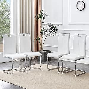Modern White Dining Chairs Set of 4, Faux PU Leather Kitchen Chairs with High Back & Soft Cushion, Ergonomic & Sturdy Metal Frame, Ideal for Dining Room, Apartment, Office