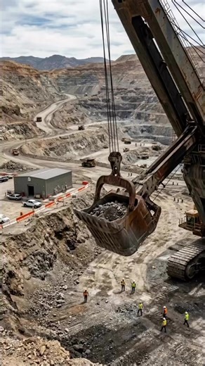 Giant Mining Excavator Performing Surface Mining Operation A giant electric rope shovel operates inside a large open pit mine, performing the rock loading process during surface mining operations. The massive excavator bucket lifts tons of blasted ore and overburden, preparing it for haul trucks in the quarry below. This heavy mining equipment demonstrates large scale material handling, precision bucket control, and high production extraction in an open cast mining environment. #fblifestyle #exc