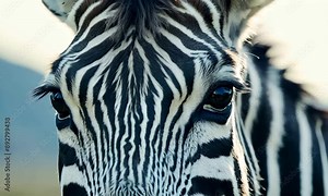 A zebra's face is shown in a close up. The zebra's eyes are closed, and its mouth is open. The zebra's face is the main focus of the image, and it is in a relaxed