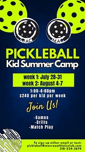 ☀️Kid Pickleball Summer Camp! ☀️ Join us for two fun-filled weeks of pickleball drills, games, and friendly competition at MAC! 📅 Week 1: July 28–31 | 🕐 1–4 PM 📅 Week 2: August 4–7 | 🕐 1–4 PM 💵 $240 per kid, per week What to expect: ✅ Skill-building drills ✅ Exciting games ✅ Friendly tournaments with fellow MAC kids 📲 To sign up: Email: pickleball@monroeathleticclub.com Text: (318) 224‑3674 Our energetic instructors – Jeananne, Ayres & Emily – can’t wait to serve up some summer fun! 🎉 | M