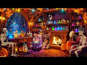 Scary Coffee Shop Halloween Ambience 🎃 Relaxing Halloween Jazz Music & Fireplace Sounds to Sleep