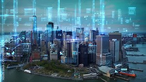 Aerial Futuristic Panoramic Skyline Of New York City with Financial information, Networks, Charts, Holographic Technology, 5G. Internet of Things Augmented Reality..