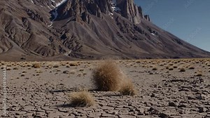 Desertscape: Tumbleweed Amidst Rocky Terrain, an evocative shot of a harsh desert landscape, featuring a tumbleweed resting on cracked earth with a majestic mountain as the backdrop.