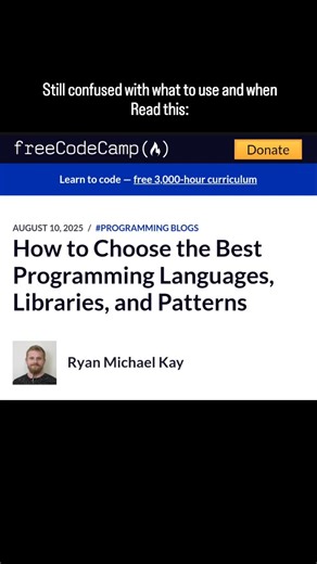 Ayush | AI + Web Dev Tips on Instagram: "Freecodecamp news article describes how you can breakdown the tech stack to your needs and choose what suits best for your use case. Do give it a read. Visit: https://www.freecodecamp.org/news/how-to-choose-the-best-programming-languages-libraries-and-patterns/ #freecodecamp #programming #code #coding #developer #tools #saas #projects"