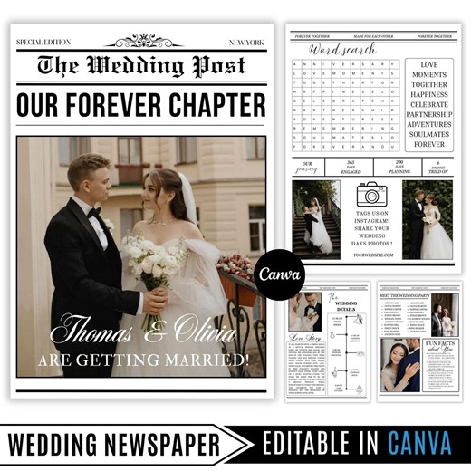 Elegant Wedding Program Newspaper, Custom Wedding Announcement Template, Canva Editable Design, Instant Digital Download - Etsy