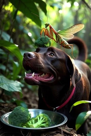 A Praying Mantis Helps Feed a Dog 😳