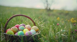 Easter Egg Hunt theme video, colorful easter eggs in a basket on a grassy field, video material for Easter event, Easter eggs, easter egg hunt, easter egg hunter. Hidden easter eggs.