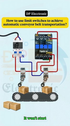 How to use limit switches to achieve automatic conveyor belt transportation?... #DPElecctrotic #Elecctronic #Electrical #fblifestyle #interiordesign #instagramreels #electricalwork #DPElecctronicfollow | 𝐃𝐏 𝐄𝐥𝐞𝐜𝐜𝐭𝐫𝐨𝐧𝐢𝐜
