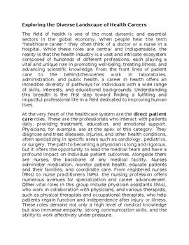 Health Careers in Health Worksheet Sub-Plan Classwork Homework