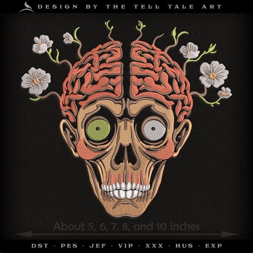 Floral Brain Zombie Embroidery Design – Six Sizes 5 to 10 Inches Tall – Bold Oddity Art - Etsy