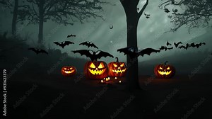 A path in a creepy forest with illuminated pumpkins and bats against a foggy backdrop.