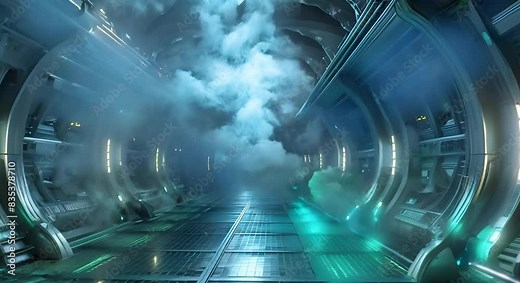 Futuristic and spooky alien spaceship interior with eerie corridor ideal for sci-fi horror. Concept Alien Spaceship, Sci-fi Horror, Eerie Corridor, Futuristic Interior