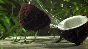 The coconut breaks in half with splashes. Filmed on a high-speed camera at 1000 fps. High quality FullHD footage