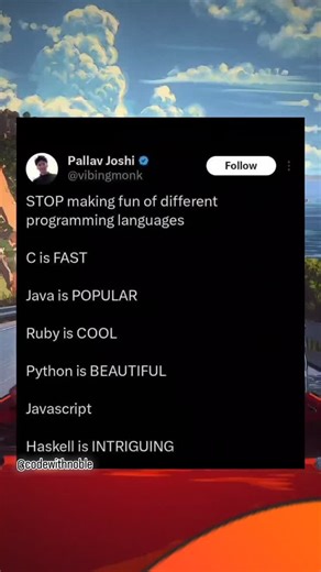 Code with Noble🇨🇦🇺🇲 on Instagram: "Can We Just Appreciate All Programming Languages? 💬❤️ C is fast. Java is popular. Ruby is cool. Python is beautiful. JavaScript is JavaScript. 😂 Every language has its superpower no need for wars. Let’s vibe with the code we love.💻 Follow @codewithnoble for more programming content like this ❤️🚀 . . #learntocode #career #programmingmemes #programminghumor #codingmemes #programming #coding #funny #meme #trending #comedy #memes #joke #codingjokes #jokes #
