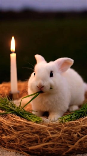 The rabbit eats grass in the warm nest. Cute pet debut plan . little rabbit. Cute pet in the coun 🐇😍