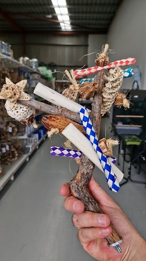 1.3K views | NEW Loaded Bird Perch - Made from native Gum Tree Wood with random chewable play bits attached. Easily attached to the bars on your bird's cage with the wingnut and washer fixture. Link in bio. #birdperch #birdtoy #parrottoy | Queenslander Aviaries | Facebook