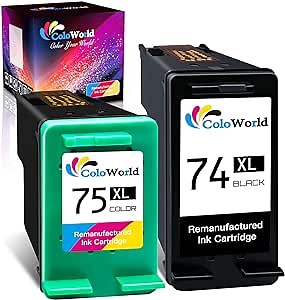ColoWorld Remanufactured Ink Cartridge Replacement for HP 74XL 75XL 74 75 Combo Pack (1 Black,1 Color) CB336WN Use with PhotoSmart C4280 C5280 C4480 C4250 DeskJet D4360 D4260 OfficeJet J5780 Printer