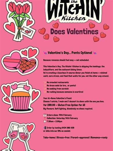 The Witchin’ Kitchen on Instagram: "💘 Valentine’s Day… Pants Optional 💘 Because romance should feel sexy — not scheduled. This Valentine’s Day, The Witchin’ Kitchen is skipping the bookings, the babysitters, and the awkward dining times. We’re creating a luxurious 3-course dinner you finish at home — minimal work, zero stress, and food that waits for you, not the other way around. ✨ No crowded restaurants ✨ No dress code (or bra… or pants) ✨ No cooking from scratch ✨ No rushing because someone