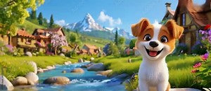 3D avatar of cute dog in a beautiful village near river, happy, 3D cartoon character, cinematic