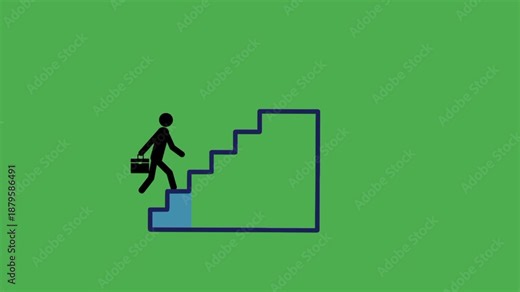 Animated career ladder concept with businessman icon climbing step by step to the top. Visual story of progress, ambition, and achievement.