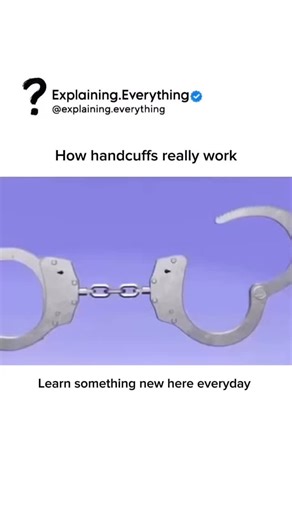 Explaining Everything on Instagram: "Handcuffs are mechanical restraints used to limit a person’s wrist movement by locking both wrists close together. Each cuff has a ratchet mechanism with small teeth that allow it to tighten in one direction but not loosen without a key. When the cuff is closed around the wrist, the teeth engage with a spring-loaded pawl that locks it securely. A double-lock feature can also be activated to prevent the cuff from tightening further, ensuring safety and comfort