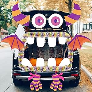 Halloween Trunk or Treat Car Decorations Kit with Colourful Tinsel Garland, Monster Theme Trunk or Treat Decorations for SUV Garage Door Entryway Archway Birthday Party Decor