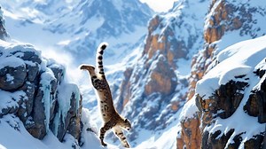 Download Snow Leopard's Majestic Leap, Captivating Movement in Snowy Mountain Landscape for free