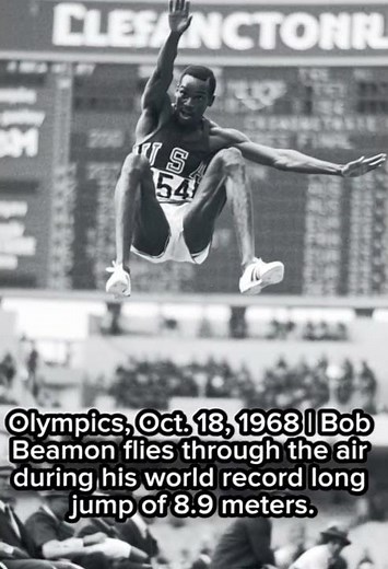 Olympics, Oct. 18, 1968 | Bob Beamon in the air during his world record long jump of 8.9 meters.